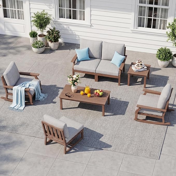 HDPE Patio Conversation Set, 6-Piece All Weather Outdoor Furniture Set with 2 Single Rocking Armchairs for Deck, Lawn, with Cushion, Brown