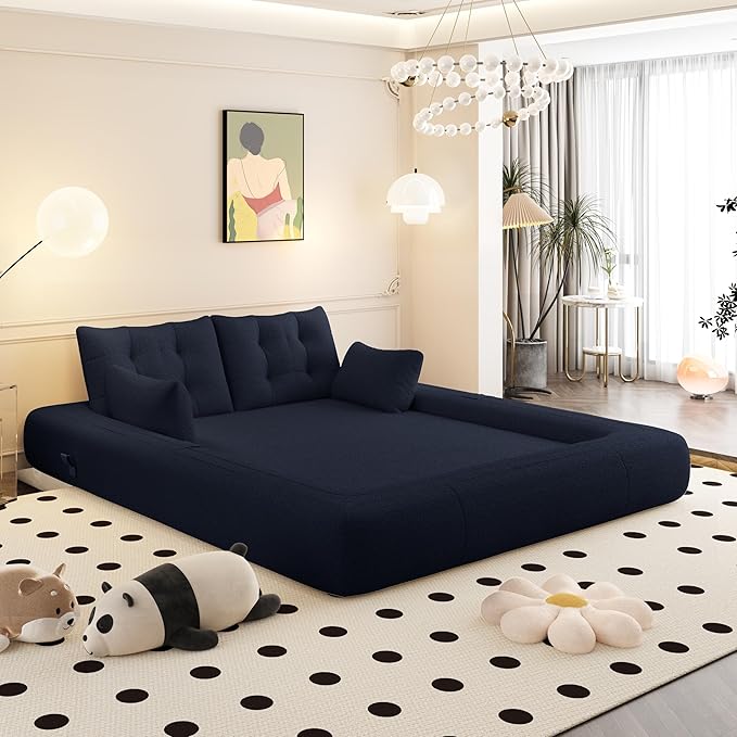 78.7" Convertible Sofa Bed, 3-in-1 Folding Floor Couch with 4 Pillows, Sleeper Sofa for Living Room and Guest Bed, No Assembly Required (Navy Blue, Teddy Fabric)