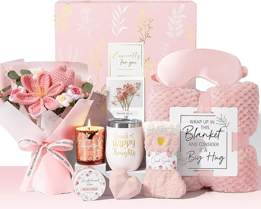 Mothers Day Birthday Gifts for Women Self Care Package Get Well Soon Gift Baskets, Thinking of You Sympathy Spa Gift Set w/ Crochet Flower Bouquet, Unique Gifts for Women Mom Sister Grandma Friends