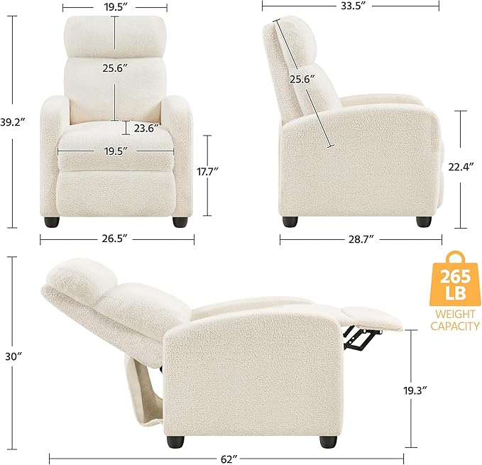 Topeakmart Fabric Recliner Chair Adjustable Modern Single Sofa Chair with Pocket Spring Living Room Bedroom Home Theater Ivory