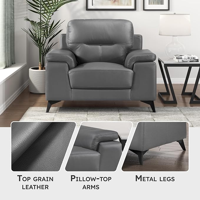 Lexicon Leather Chair, Oversized Chair, Top Grain Leather Lounge Chair, Modern Sofa Arm Chair for Living Room, Bedroom, Office, Apartment, Armchair, Dark Gray