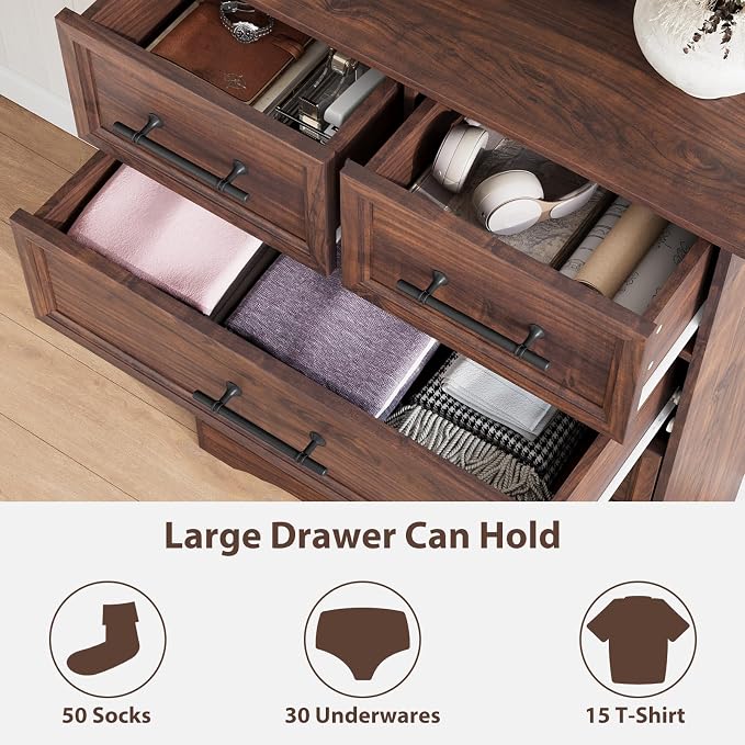Walnut Dresser for Bedroom, Modern 6 Chest of Drawers, 44" Tall Dresser with Brushed Metal Handle, Wood Closet Organizers and Storage Cabinet for Bedroom, Living Room, Hallway - Image 4