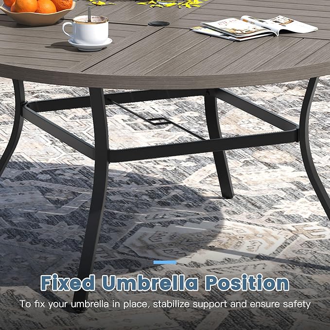 DIFY 9 Pieces Outdoor Patio Dining Set for 8, 53.1" Grey Wood-Like Round Metal Dining Table and 8 Grey Stackable Textilene Patio Chairs, Outdoor Table and Chairs for Backyard Garden Poolside - Image 4