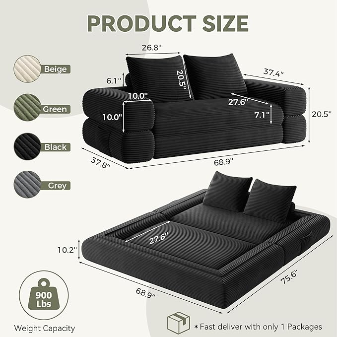 4-in-1 Convertible Folding Sofa Bed, 76 Inch Queen Size Foldable Sleeper Sofa Bed, Wide Corduroy Upholstery, Boneless Mattress Couch with Armrests & Neck Pillow for Living/Bedroom - Black