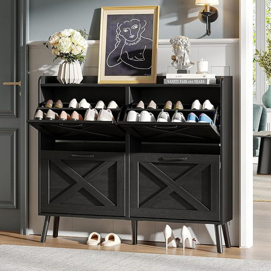 Maupvit Large Shoe Storage Cabinet with 4 Flip Drawers, Narrow Shoe Cabinet for Entryway with Wooden Legs, Freestanding Hidden Shoe Rack Organizer ＆ Metal Hinges, Black by MaupvitFurniture