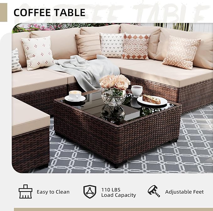 UPHA 9 Pieces Patio Furniture Sets, Wicker Outdoor Sectional Sofa Couch with Round Propane Pit for Deck Backyard Garden, Brown Rattan, Beige Cushion