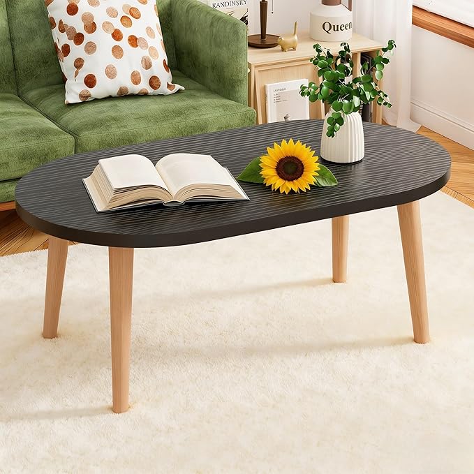 Coffee Table Low Table with 4 Solid Wood Leg, Floor Table Desk for Sitting on The Floor, Small Oval Coffee Table for Small Space, Side Table Japanese Coffee Table for Living Room Apartment Home, Black