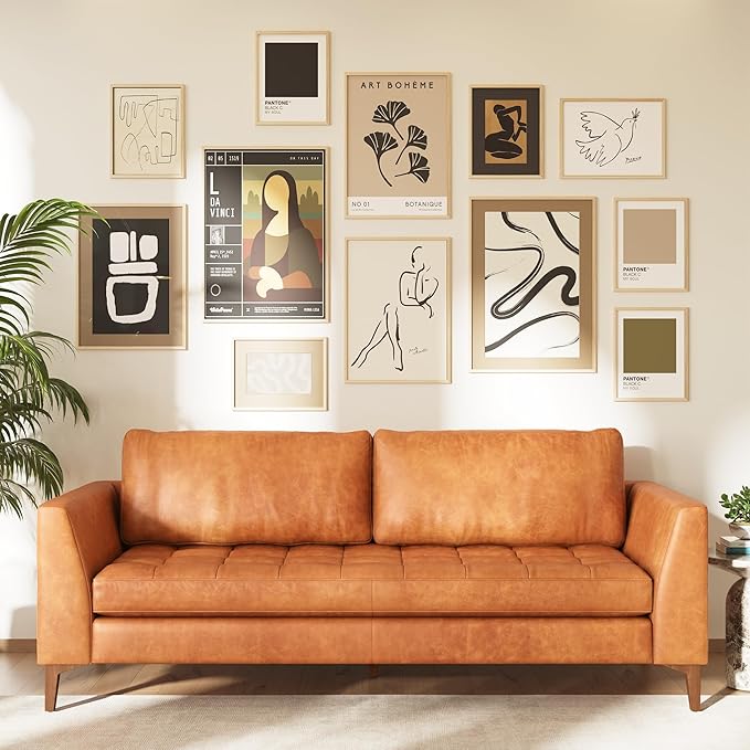 Poly & BARK Calle 90" Sofa Full-Grain Pure-Aniline Italian Leather in Cognac Tan, Solid Wood Legs