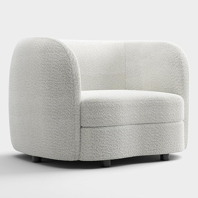 Furniture of America Nimiane Modern Boucle Barrel Chair with Curved Arms and Wooden Legs, Fabric Upholstered Armchair, Comfy Sofa Chair for Living Room, Bedroom, Home Office, Off-White