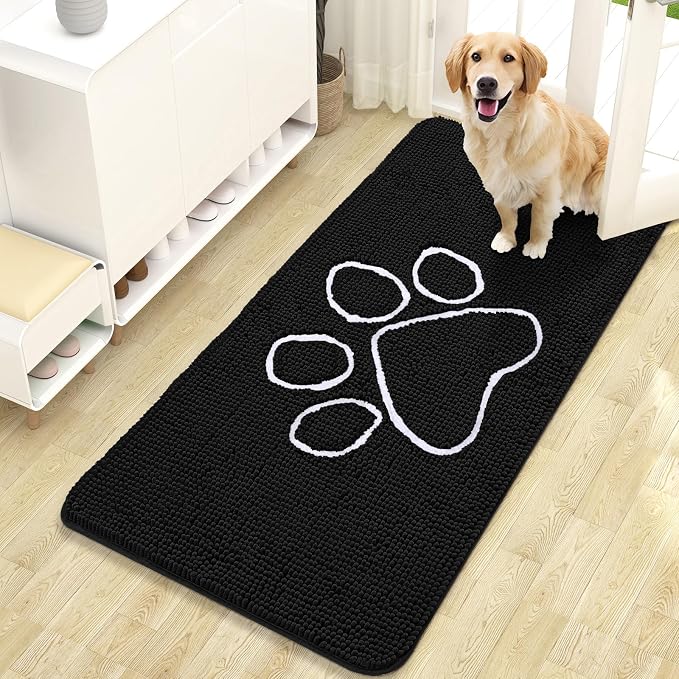 OLANLY Dog Door Mat for Muddy Paws 47x24, Paw Print Design, Absorbs Moisture and Dirt, Absorbent Non-Slip Washable Doormat, Quick Dry Chenille Mud Mat for Dogs, Entry Indoor Entryway Carpet, Black by OLANLY