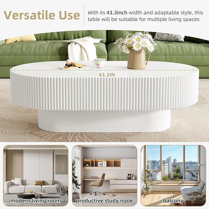 Merax Modern 43.3" W Oval Coffee Table with Sturdy Base, Wood Center Tables for Living Room Reception Room, Easy Assemble, White