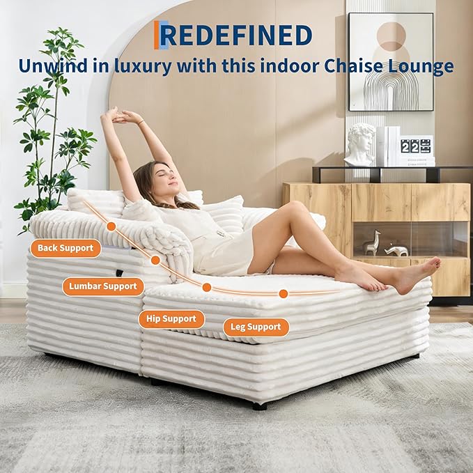 Oversized Chaise Lounge Chair 59 * 54 Inch Indoor Comfy Corduroy Cloud Sleeper Couch Upholstered Sofa Bed with USB Port Throw Pillows Supportive Armrests for Living Room