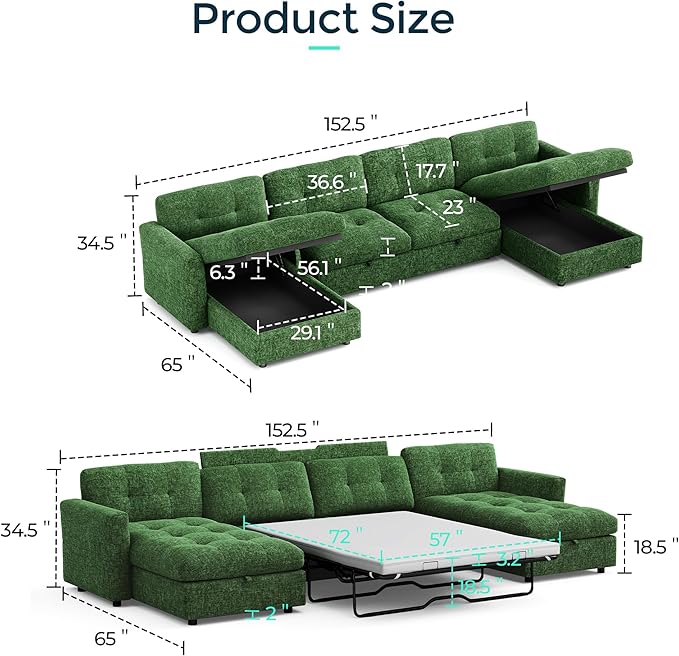 152" Oversized Sectional Sleeper Sofa with Pull Out Bed and Storage Chaise, Convertible Sofa Bed with Memory Foam Topper, Comfy U Shaped Modular Couches for Living Room Apartment Dorm Room, Green