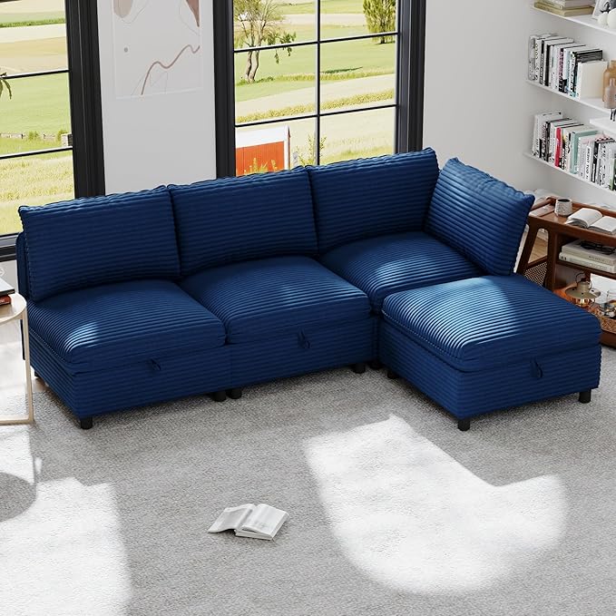 ERYE Modern Modular Storage Sectional Sofa, U/L Shaped Corduroy Modular Sofa Couch W/Movable Ottoman & Seat, 4 Seater Corduroy Upholstered Sofa Couch for Living Room