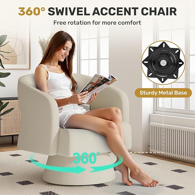 Nebuaegis Swivel Accent Chair Set of 4, Modern Comfy Chenille Barrel Chairs, Oversized Upholstered Round Arm Chair for Living Room, Bedroom, Reading Room, Beige