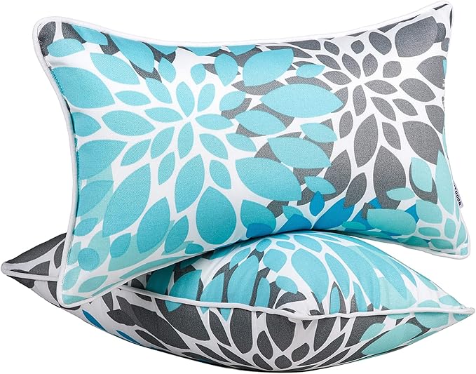 JMGBird Water-Resistant Outdoor Pillows Set of 2, 12x20 inch Durable Sky Blue Mandala Pattern Throw Pillows with Inserts for Patio Furniture