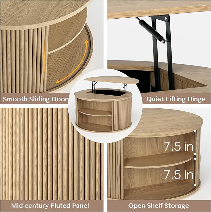 31.5" Round Lift Top Coffee Table with Hidden Storage, Oak Drum Coffee Table for Living Room, Wood Fluted Design Center Table for Small Apartment & WFH