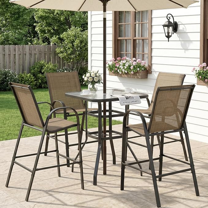 HOMREST Outdoor Bar Height Stools Set of 5,4 High Back Patio Bar Chairs with Outdoor High Top Table,All Weather Outdoor High Top Bistro Set Furniture for Patio,Balcony,Brown - Image 2