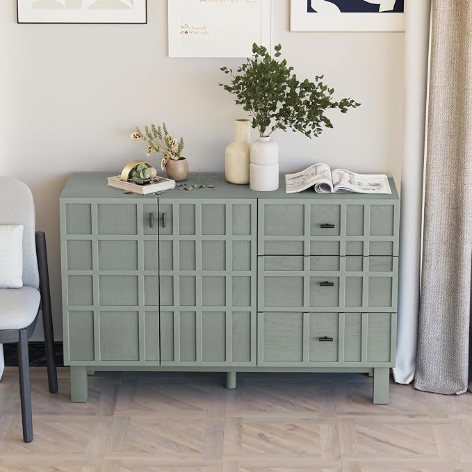 Aoikax Modern Sideboard Buffet Cabinet with 2 Doors & 3 Drawers, Minimalist Grid Carved Pine Front Storage Cabinet for Living Room, Kitchen, Ash Veneer Top, Metal Legs, Light Green - Image 5