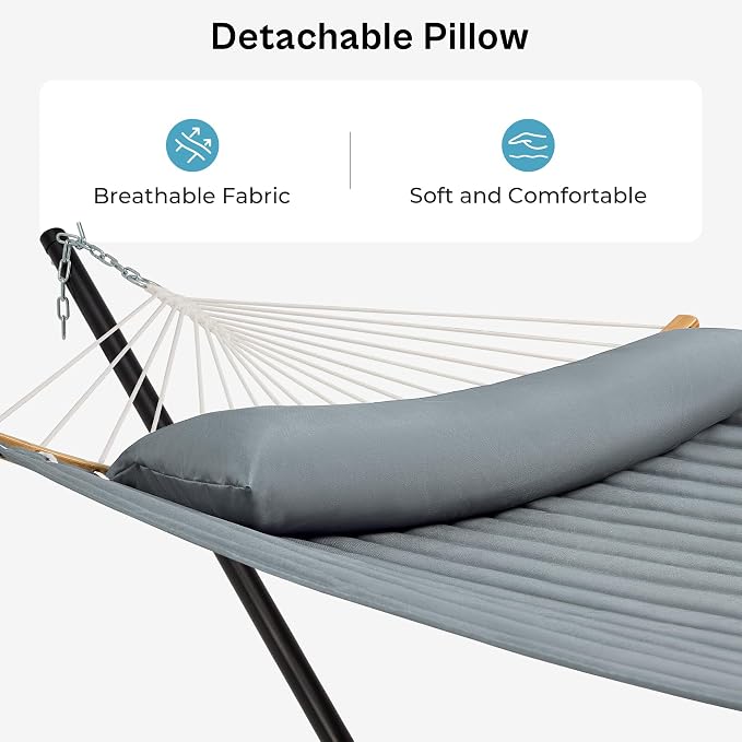 SUPERJARE Hammock with Stand, 2 Person Heavy Duty Hammock with Padded Cotton, Detachable Pillow & Strong Curved-Bar & Portable Carrying Bag, Perfect for Outdoor & Indoor, Neutral Gray - Image 3