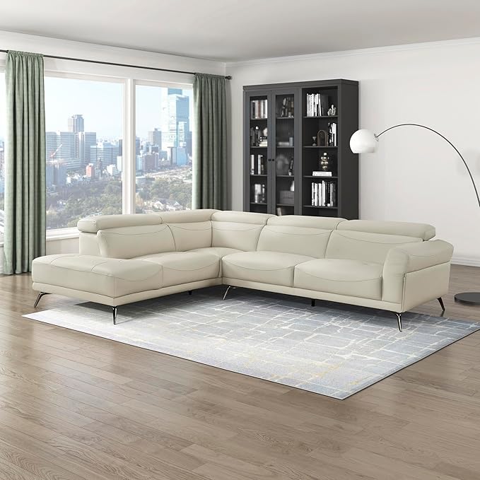 Lexicon L-Shaped Sectional Couch with Left Chaise, Top Grain Leather Match Sectional Sofa, Adjustable Headrests, Black Chrome Metal Legs, High-Density Cushions, Stitching, for Living Room, Beige