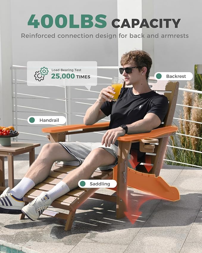 Adjustable Adirondack Chairs Set of 4 with Retractable Ottoman, HDPE Folding Adirondack Chair with Cup Holders, Weather Resistant for Backyard, Poolside & Fire Pit (Teak) - Image 7