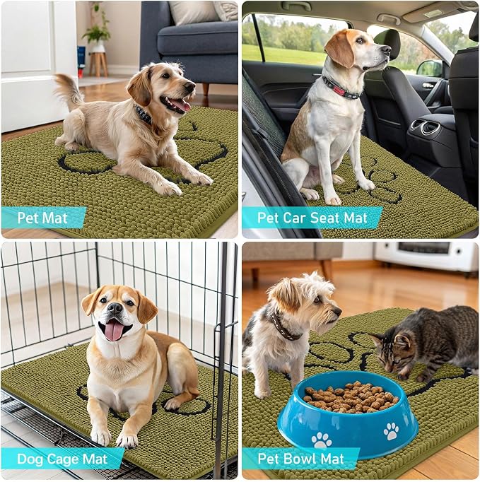 OLANLY Dog Door Mat for Muddy Paws 30x20, Paw Print Design, Absorbs Moisture and Dirt, Non-Slip Washable Doormat, Quick Dry Chenille Mud Mat for Dogs, Entry Indoor Entryway Carpet, Willow Green - Image 7