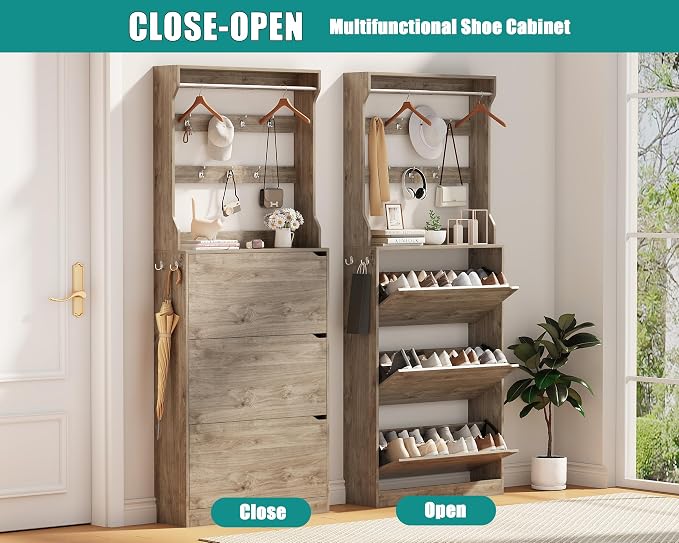 Shoe Cabinet for Entryway with 3 Flip Drawers, Grey Tall Wood Shoe Storage Cabinet with Coat Rack, Narrow Hidden Slim Freestanding Shoe Rack Organizer, 2 in 1 Hall Tree for Living Room, Hallway - Image 7