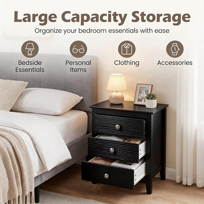 KOMFOTT Modern Farmhouse Nightstand with 3 Drawers, Bedside Table with Wood Grain Fronts & Sleek Knobs, Wooden End Table Sofa Side Table for Bedroom Small Spaces (Black,1) - Image 5
