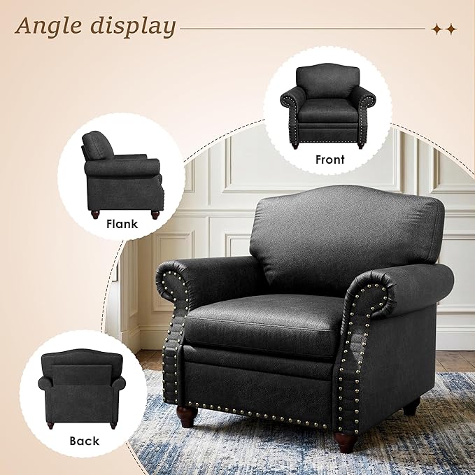 Single Sofa Chair, Faux Leather Nailhead Armchair, Rolled Arm Accent Chair for Living Room, Wood Legs, Traditional Single Couch Chair for Apartment, Farmhouse (Black, Set of 1)