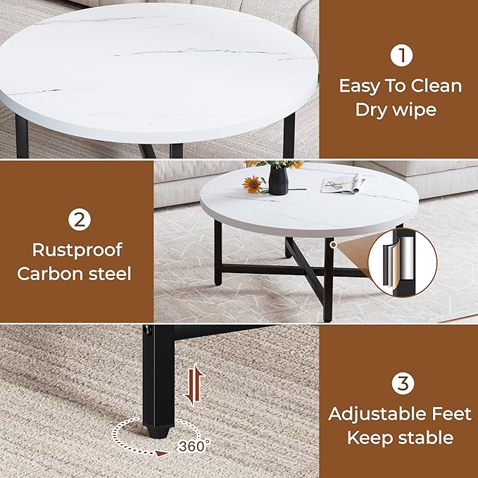 Coffee Table, 31.5" Large Coffee Tables, White Round Coffee Tables for Living Room, Floor Table for Sitting on The Floor, Center Coffee Table with Metal Frame for Office Apartment Home