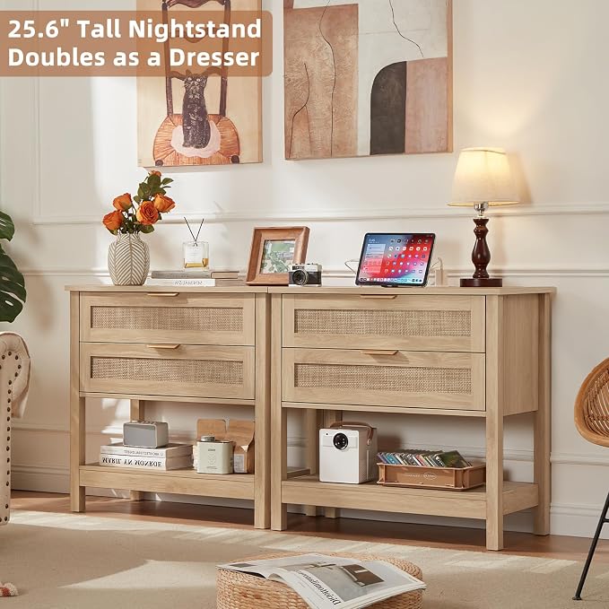 LEYAOYAO 26.8" Wide Rattan Night Stand with Charger Station, Oversized Large Boho Nightstand with 2 Drawer, Natural Wood Bed Side End Tables, Tall Bedside Table for Bedroom Living Room, Hallway - Image 5