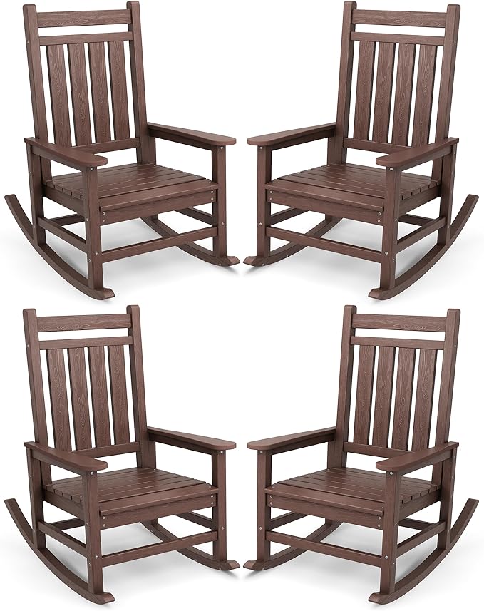 SERWALL Oversized Outdoor Rocking Chair Set of 4, HDPE Rocker for Adults, Patio Rocking Chairs for Porch, Brown by SERWALL