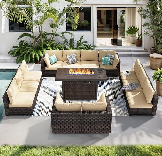 13 Piece Patio Furniture Set with Fire Pit Table All Weather PE Rattan Outdoor Sectional Sofa Couch with No-Slip Cushions for Garden, Poolside, Backyard (Beige)