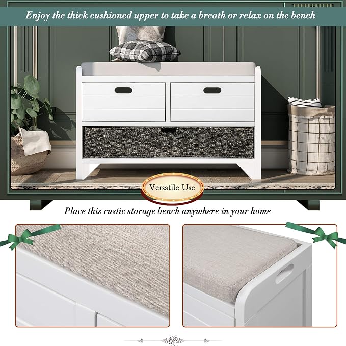 SOFTSEA Storage Bench with Drawers and Basket, Farmhouse Shoe Bench with Seating and Cushion for Hallway Entryway Living Room, Full Assembled (White Wash-2 Drawers) - Image 6