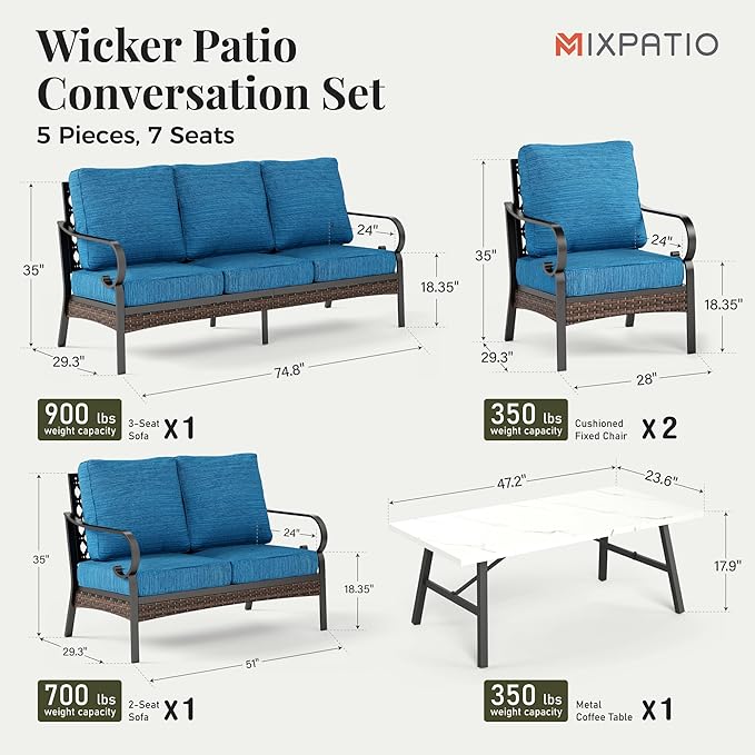 Patio Furniture Set with Coffee Table, Outdoor Conversation Set with 2 x Fixed Chairs, 1 x 2-Seat Sofa, 1 x 3-Seat Sofa for Lawn Garden Backyard, Pacific Blue