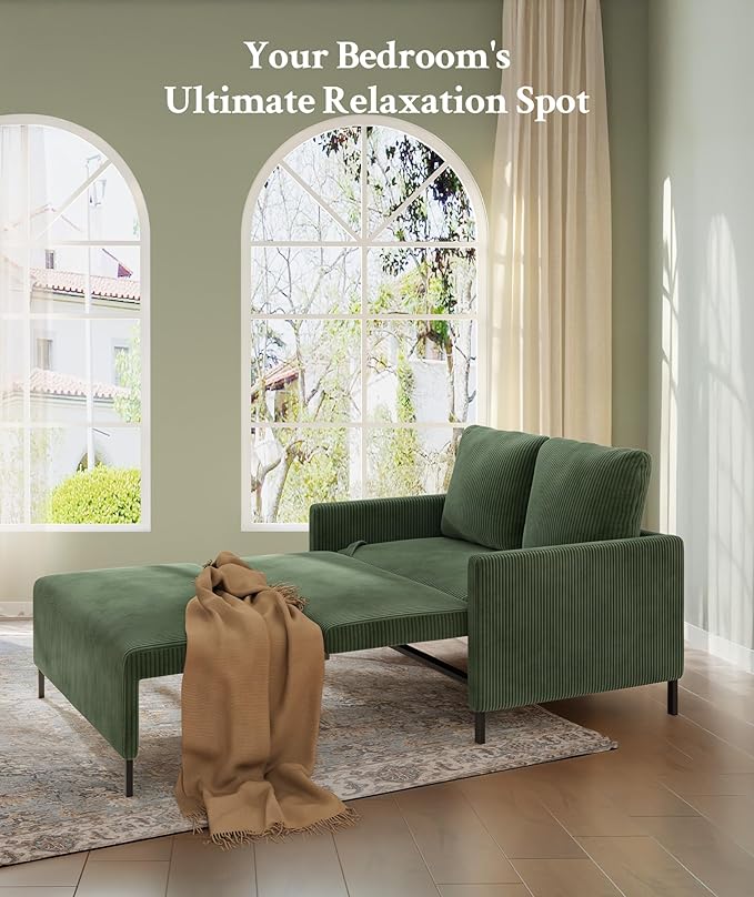 47.2" Convertible Sofa Bed Couch, Comfy Corduroy Couch Bed, All in 1 Loveseat Sleeper Sofa, Love Seat Sleeper Bed with 2 Pillows, Modern Couches for Living Room/Apartment/Home/Office, Green