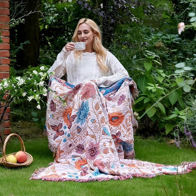 LUTBM Boho Throw Blanket for Bed Cotton Spring Blankets Twin Size for Bedroom Living Room All Season Lightweight Floral Butterfly Embroidery Quilt for Couch Sofa Chair 60"x80" Home Decor