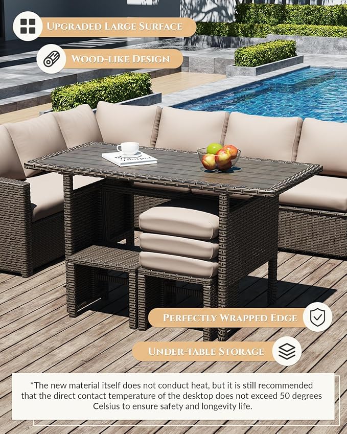 U-MAX 7 Pieces Patio Furniture Set, Outdoor Sectional Sofa Conversation Set, All Weather Wicker Rattan Dining Table & Chair with Ottoman, Brown Rattan&Khaki Cushion