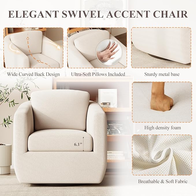 COLAMY 360° Swivel Accent Chair, Fully Assembled Living Room Armchair with Pillow, No-Sag Foam, Sturdy Metal Base, Swivel Accent Single Sofa for Bedroom Living Room, Reading Room, Beige