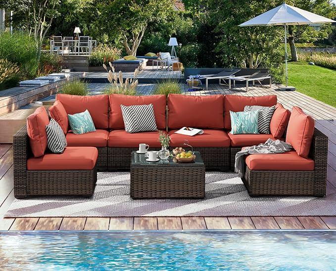 7 Pieces Patio Furniture Set, Rattan Outdoor Sectional Conversation Sets, All Weather Outdoor Furniture Set with Cushions for Garden Lawn Balcony Porch Deck Red