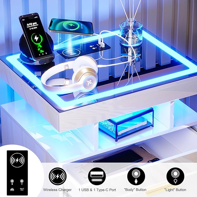 HNEBC LED Nightstand with Charging Station (USB,Type-C Ports) High Gloss Bedside Table with 2 Drawers, Smart Night Stand with Auto Sensor Lights,Modern Bed Side Table for Bedroom (White) - Image 3