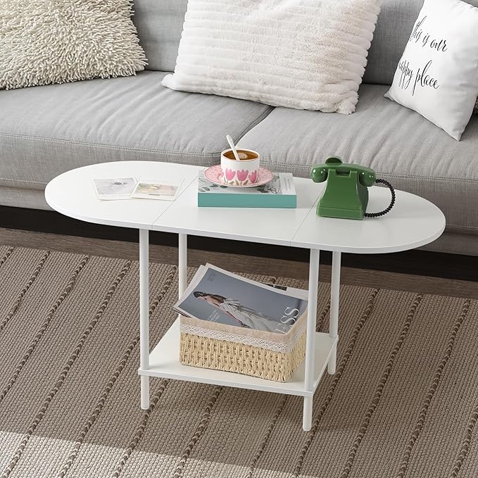 OYEAL White Coffee Table for Living Room, Small Oval Coffee Table with Storage and Wood Tabletop, Mid Century Round Center Table for Small Space, Home Office