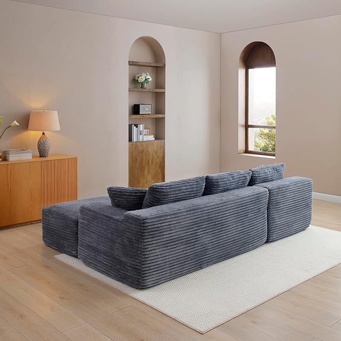 105-Inch L-Shaped Left Facing Corner Compressed Sofa Modular Sectional Boneless Cloud Sofa Floor Foam Couch with Chaise Lounge, Corduroy Corner Boneless Cloud Couch