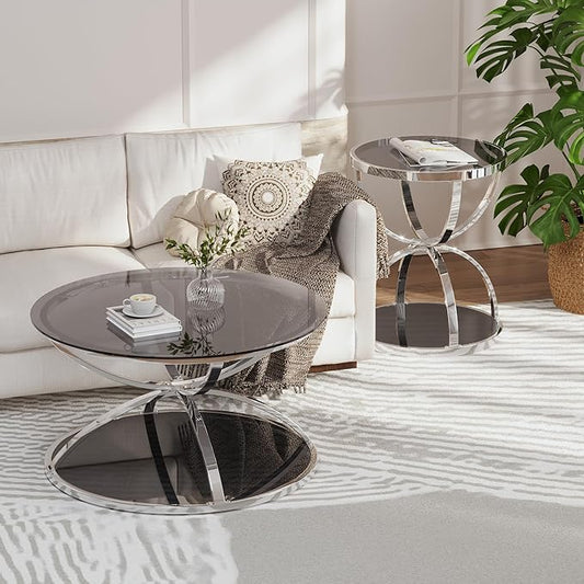 32" Tempered Glass Round Coffee Table with 20" Side Table Set, Modern Chrome Frame Dome Base Two Tiers Circle Living Room Center and Small End Tables, Set of 2