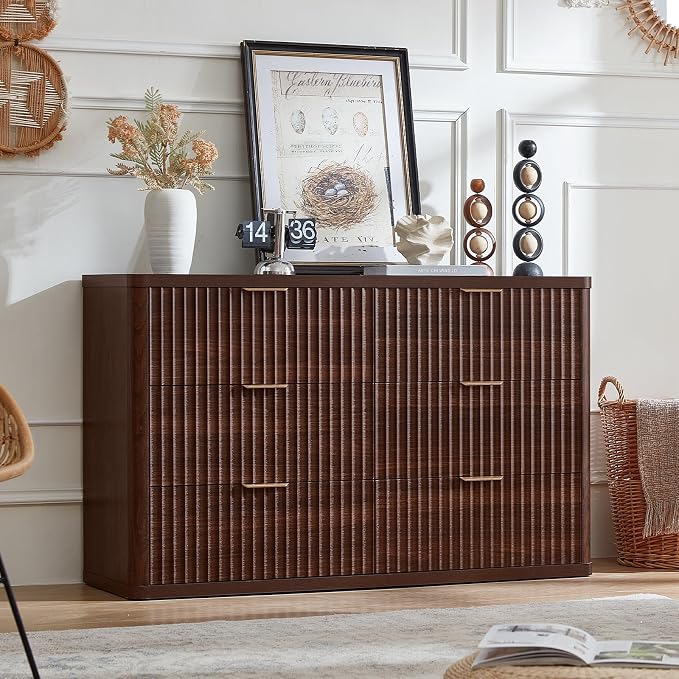 LEYAOYAO Fluted 6 Drawers Dresser for Bedroom Set of 2, 48" Wide Modern Chest of Drawers with Metal Handle, Walnut Curved Profile Farmhouse Closet Organizer Wood Dressers TV Stand for Living Room - Image 8