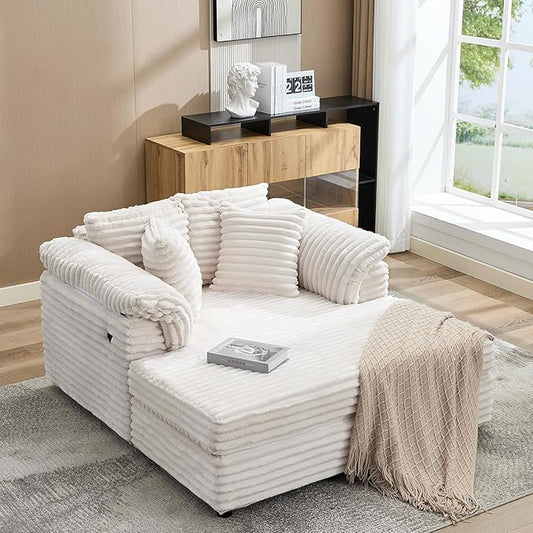Oversized Chaise Lounge Chair 59 * 54 Inch Indoor Comfy Corduroy Cloud Sleeper Couch Upholstered Sofa Bed with USB Port Throw Pillows Supportive Armrests for Living Room