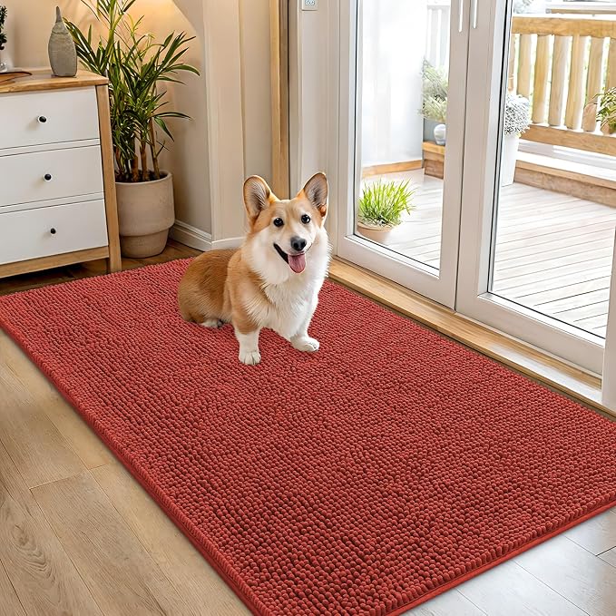 OLANLY Dog Door Mat for Muddy Paws 54x32, Absorbs Moisture and Dirt, Absorbent Non-Slip Washable Doormat, Quick Dry Chenille Mud Mat for Dogs, Entry Indoor Entryway Carpet for Inside Floor, Maple Red by OLANLY