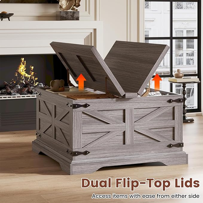Farmhouse Coffee Table with Storage, Square Center Table for Living Room, Rustic, Hinged Lift Top Soft Close, Wood, Large Hidden Storage, Modern, Metal Corner, Grey