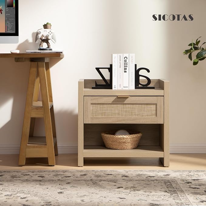 SICOTAS Rattan Nightstand End Table - Boho Night Stand Bedside Table with Type-C Charging Station, Wicker Decor Drawer Storage Cabinet Night Stand for Bedroom - Light Oak - Image 9